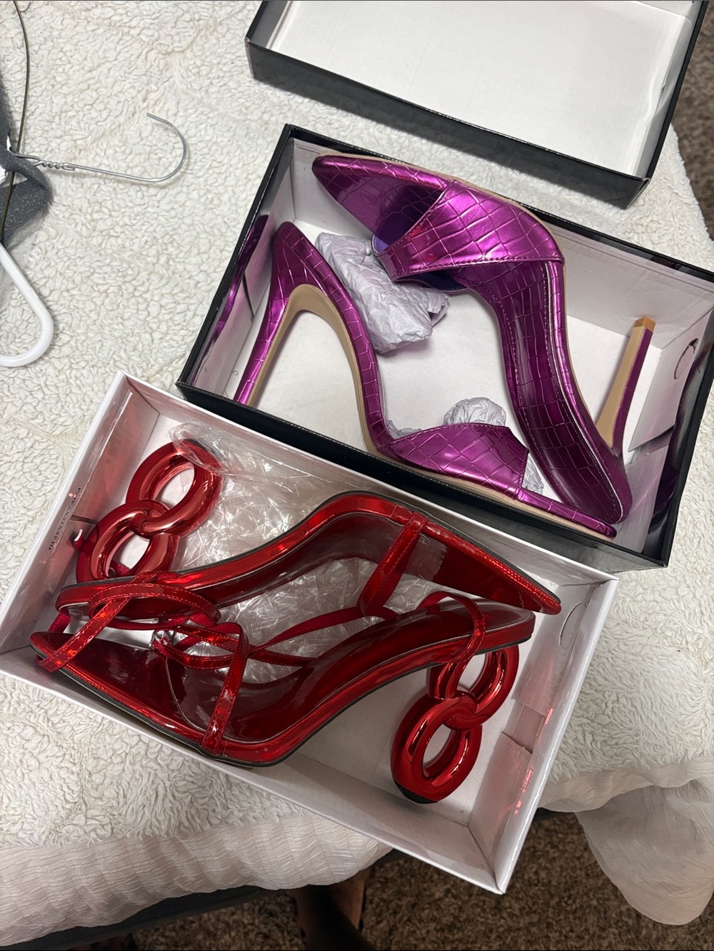 SHEIN Metallic Pointed Pumps and Sculpted Strap Heels in Magenta and Red